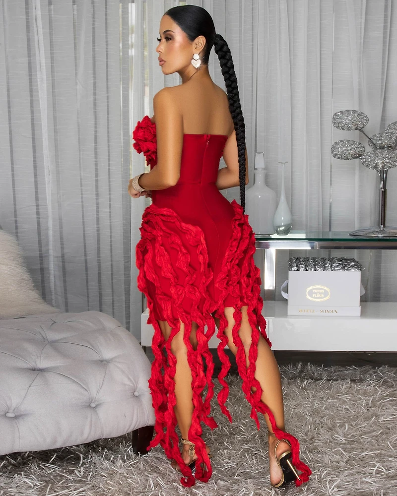 Reeza Red Ruffle Fringe Bandage Maxi Dress
