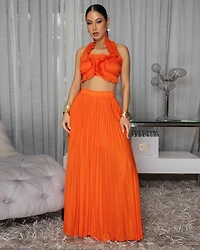 Miabelle Orange Pleated LUXE Crop Top & Pants Set