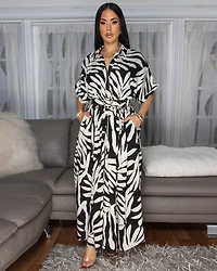 Dallas Black Cream Print Belted Midi Dress