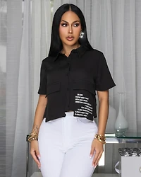 Pasha Black White Writings Crop Shirt