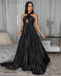 Yasira Black Pleated Maxi Dress