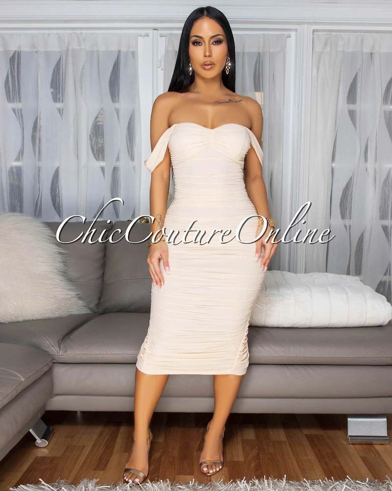 Isoline Cream Padded Ruched Midi Dress