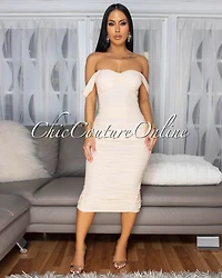 Isoline Cream Padded Ruched Midi Dress