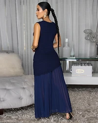 Olyssia Navy-Blue Top & Pleated Maxi Skirt Set