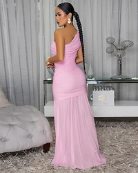 Yeona Pink Ruched Single Shoulder Mesh Maxi Dress