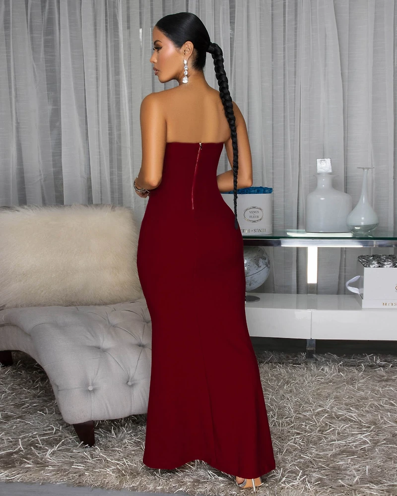 Polly Wine Red Rhinestones Low Cut Maxi Dress