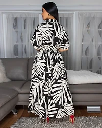 Dallas Black Cream Print Belted Midi Dress