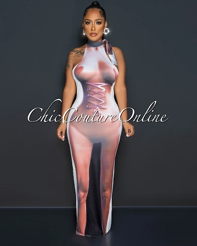 *Garner White Brown Body Shape Graphic Maxi Dress