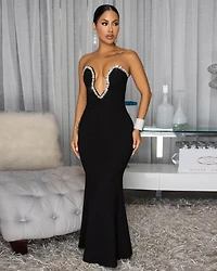 Polly Black Rhinestones Low Cut Maxi Dress
