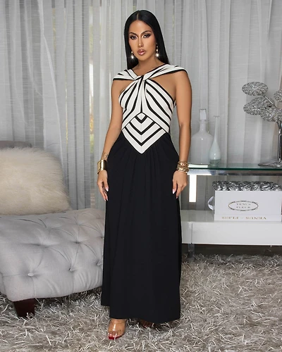 Jesvia Black Cream Stripes Colorblock Maxi Dress
