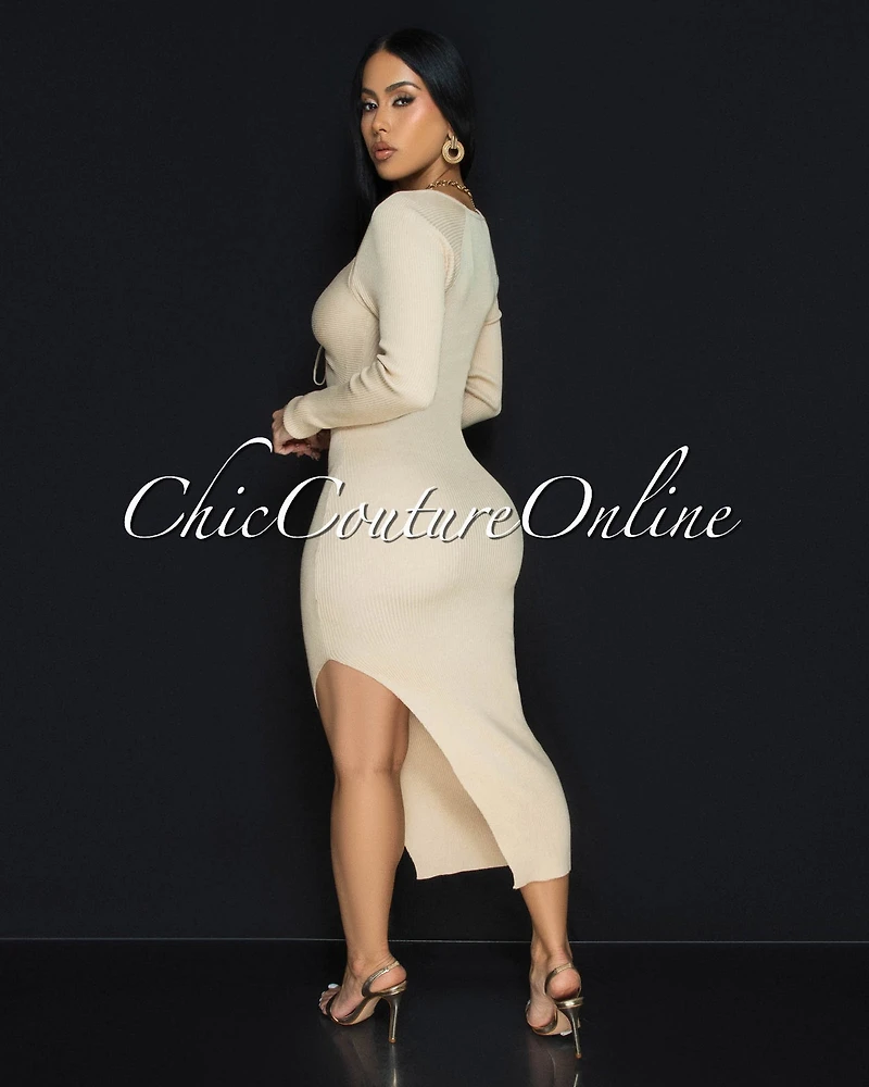 *Jaadia Nude Ribbed Cut-Out Bust Midi Dress
