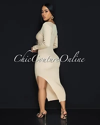 *Jaadia Nude Ribbed Cut-Out Bust Midi Dress