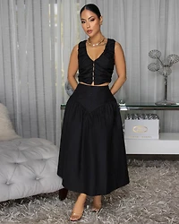 Essence Black Ruched Crop Top & Midi Skirt Set