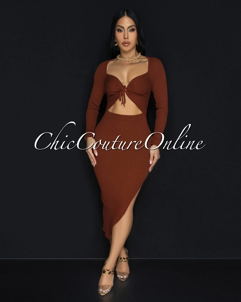 *Jaadia Sienna Ribbed Cut-Out Bust Midi Dress