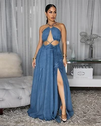 Milka Medium Blue Denim Cut-Out Maxi Dress