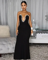 Polly Black Rhinestones Low Cut Maxi Dress