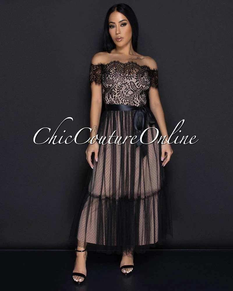 Cosetta Black Lace Nude Illusion Ribbon Midi Dress