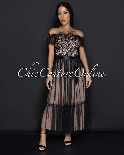 Cosetta Black Lace Nude Illusion Ribbon Midi Dress