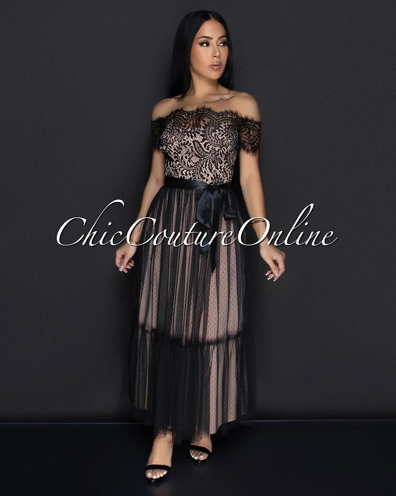 Cosetta Black Lace Nude Illusion Ribbon Midi Dress