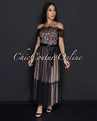 Cosetta Black Lace Nude Illusion Ribbon Midi Dress