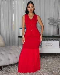 Nerine Red Top & Pleated Maxi Skirt Set