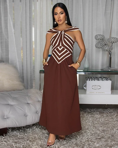 Jesvia Brown Cream Stripes Colorblock Maxi Dress