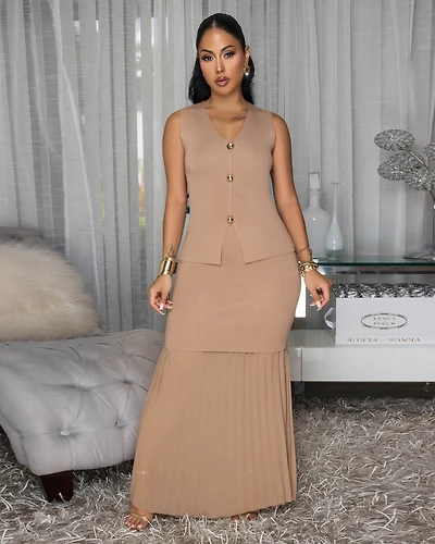 Nerine Mocha Top & Pleated Maxi Skirt Set