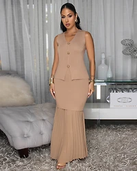 Nerine Mocha Top & Pleated Maxi Skirt Set