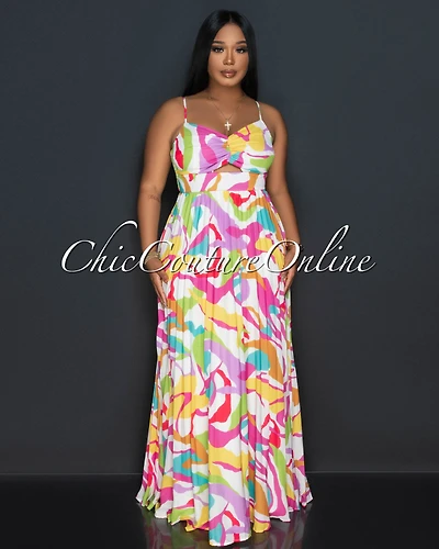 Teryl Cream Milt-Color Bust Key-Hole Pleated Maxi Dress