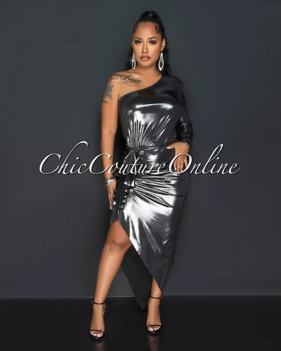 *Lacey Black Silver Single Shoulder Draped Midi Dress