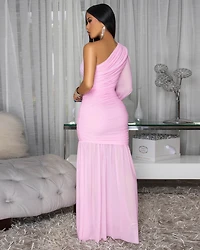 Starla Baby Pink Single Shoulder Mesh Maxi Dress