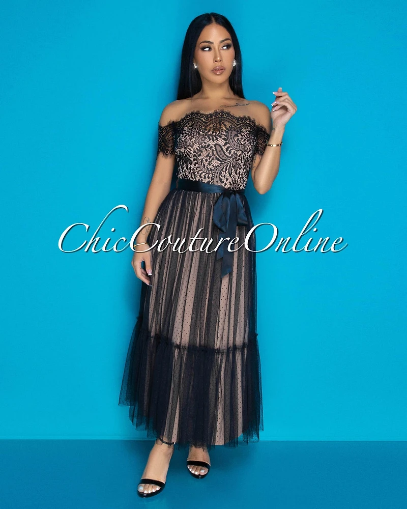 Cosetta Black Lace Nude Illusion Ribbon Midi Dress