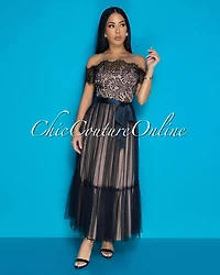 Cosetta Black Lace Nude Illusion Ribbon Midi Dress