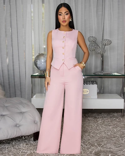 Jayleh Light Pink Gold Buttons Vest & Pants Set