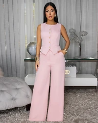 Jayleh Light Pink Gold Buttons Vest & Pants Set