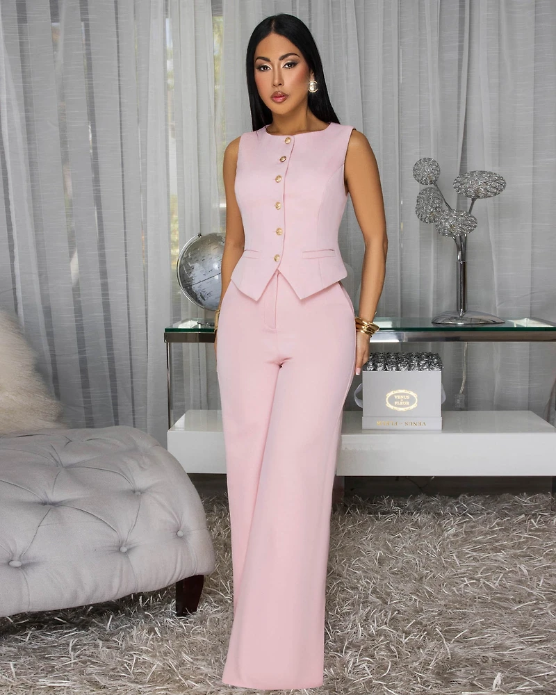 Jayleh Light Pink Gold Buttons Vest & Pants Set
