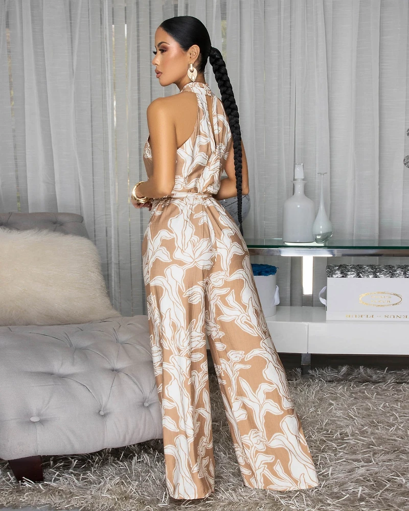 Karlany Nude White Print Halter Neck Jumpsuit