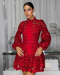 Sevita Red Crochet Embroidery Ruffle Skater Belted Dress