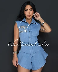Amity Light Denim Rhinestones Hi-Lo Romper