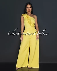Palila Yellow One Shoulder Ruffle Crop Top & Wide Pants Set