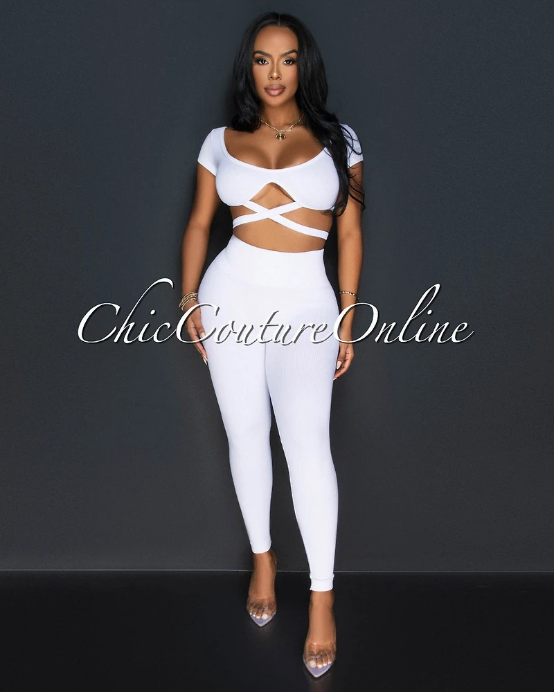 *Milenna White Crop Top & Leggings Ribbed Sculpting Set