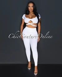 *Milenna White Crop Top & Leggings Ribbed Sculpting Set