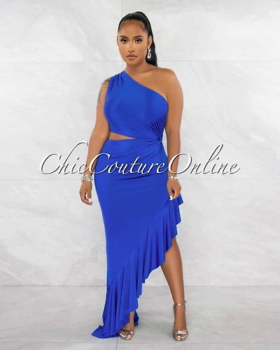 *Nilia Royal Blue Cut-Out Hi-Lo Ruffle Hem Maxi Dress