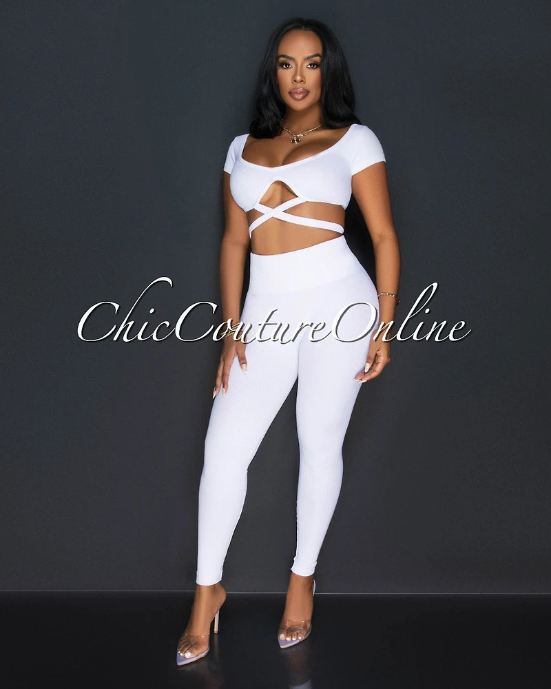 *Milenna White Crop Top & Leggings Ribbed Sculpting Set