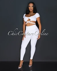 *Milenna White Crop Top & Leggings Ribbed Sculpting Set