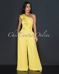 Palila Yellow One Shoulder Ruffle Crop Top & Wide Pants Set