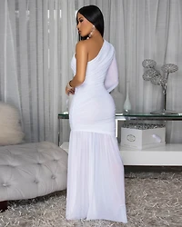 Starla White Single Shoulder Mesh Maxi Dress