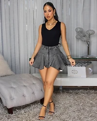 Cedrine Dark Grey Denim Mini Skort