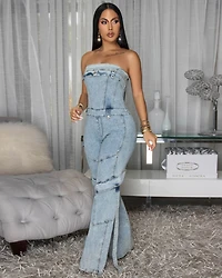 Orena Stone Acid Wash Denim Strapless Cargo Jumpsuit