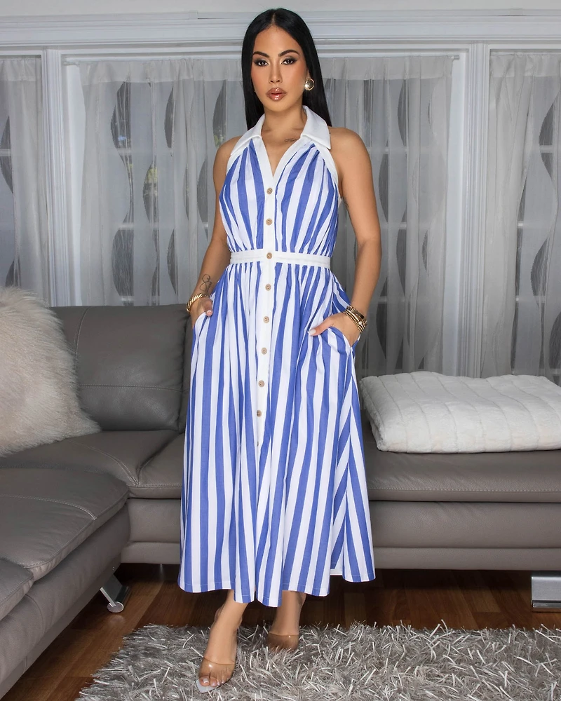 Calipso Blue White Stripes Midi Dress